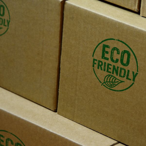 Eco-friendly labeled cardboard boxes.
